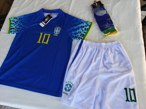 NEW Brasil 2022 Neymar Jr Youth Soccer Away Uniform Kit #30 Jersey +Shors +Socks Cover