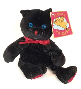 Floppy Friends Vintage "KIPLING" Black Cat Plush Black with Red Bow & Hearts - Picture 1 of 8