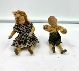 2 Antique German Doll 4" Composition Rubber Original Clothes Painted Eyes Mouth - Picture 1 of 12