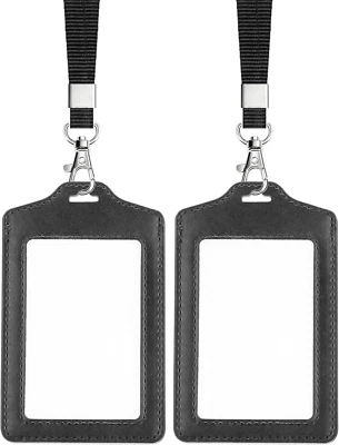 Teskyer 2 Pack Double Sided Clear Badge Holder with Lanyard, PU Leather ID Badge — 第 1/4 张图片