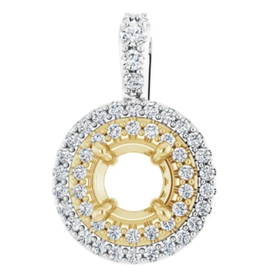 Round Cut 6mm Natural Diamond Semi Mount Dual Halo Pave Pendant 14K 2-Tone Gold - Image 1 of 4