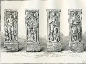 FRANCE,PARIS~CARVED DIVINITIES~STONE ancient pillar~1887 antique print - Picture 1 of 3