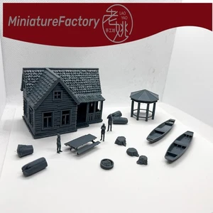 SSMODEL 1:87 Gazebo cabaña de troncos fogata mesa figuras y bote pequeño - Imagen 1 de 5