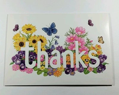 Thanks Thank You Greeting Card With Matching Envelope Flowers Butterflies  - Image 1 of 4