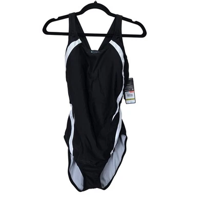 NWT Speedo Womens Black White Trim One Piece Swimsuit Size 14 UPF 50+ Athletic - Image 1 of 4