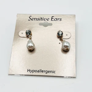 Sensitive Ears Gold Tone Rhinestone Pearl Drop Earrings Hypoallergenic Jewelry - Picture 1 of 3