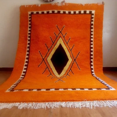 Handmade Orange Wool Moroccan Style Rug, Bohemian Living Room Decor Hand-Knotted - Image 1 of 4