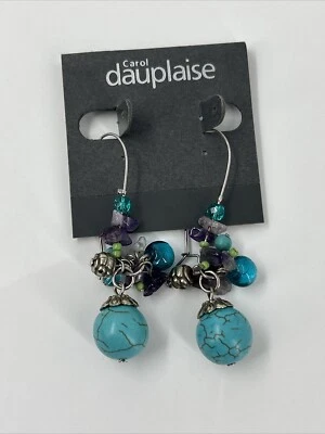 Carol Dauplaise Dangle EarringsFaux Turquoise Amethyst Chips Glass Beads 2 inch - Image 1 of 4