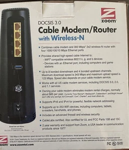ZOOM DOCSIS 3.0 Cable/Modem Router Wireless-N Model 5350 Series 1092 - Picture 1 of 3