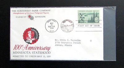 RARE 1958 FDC 100th Anniversary Minnesota Statehood NW Paper Company - Image 1 of 2