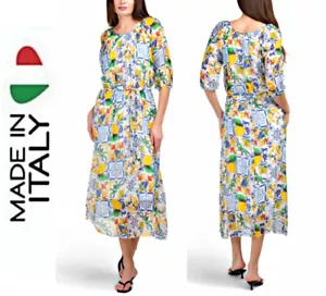 Abito lungo con cintura BELLAMBRA Airy chiffon misto seta stampa limone siciliano 52" L/XL - Foto 1 di 18