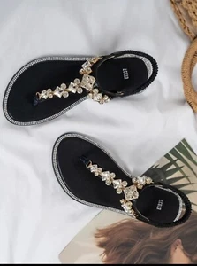 Womens Thong Strap Rhinestone Sandals - Picture 1 of 2