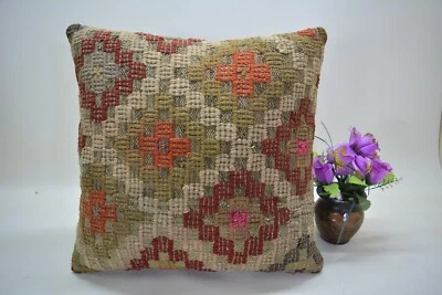 Traditional Multicolor Hand Knotted Kilim Pillow, 16x16in, Antique Retro Pillow, - Image 1 of 4