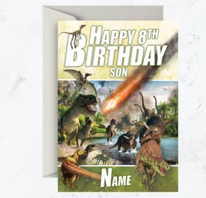 Personalised Birthday Card Dinosaur T-Rex Asteroid Any/Name/Age/Relation - Picture 1 of 3