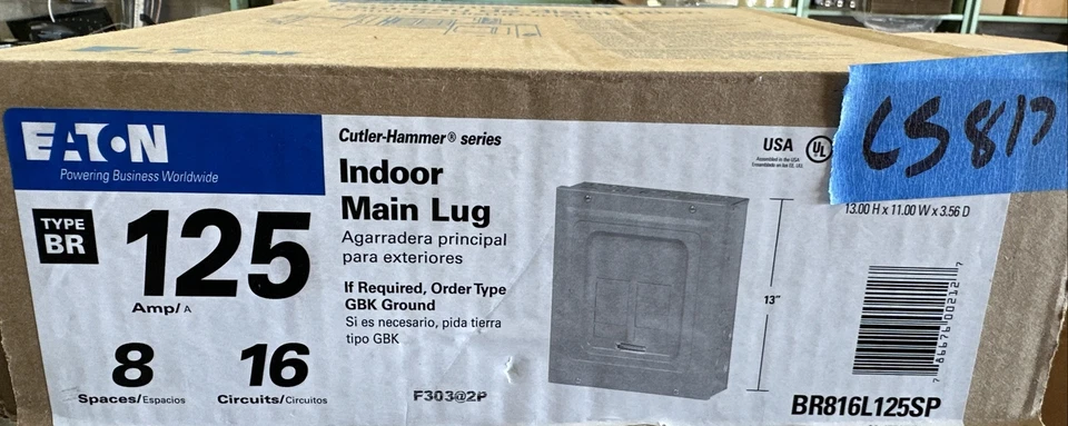 BR816L125FDP EATON/CUTLER 125A AMP 1PH 8SP/16CIR NEMA 1 LOAD CENTER PANEL-CS817 - Image 1 of 1