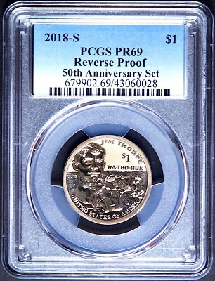 2018 S SACAGAWEA JIM THORPE $1 PCGS REVERSE PR69 50th Anniversary Silver Set - Image 1 of 2