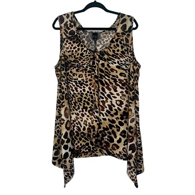 Top túnica manga marca Slinky marrón blanco guepardo cuello redondo dobladillo mordedura de tiburón 2X Foto 1 de 4