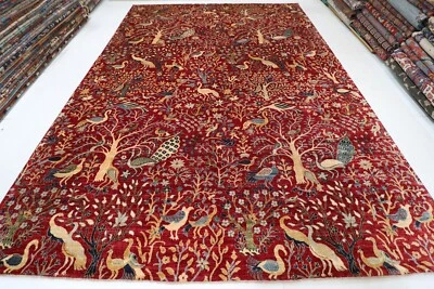 10x14 ft Birds Animal Red Area Rug Afghan Hand Knotted Wool Rug Dining Room Rug - Image 1 of 4
