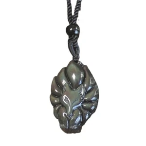 Mini Natural rainbow Obsidian Crystal Nine Tail fox Necklace Pendant rope Chain - Picture 1 of 5