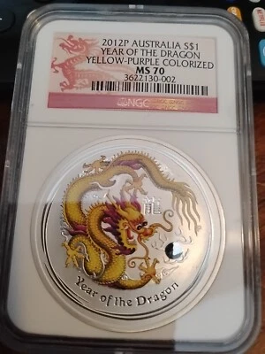 Australia 2012-P $1 NGC MS70 Year Of Dragon Colorized Yellow Purple  - Image 1 of 4