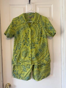 Flachs 100 % Leinen limettengrün und blau Paisley Print Top und Shorts Set Größe P - Bild 1 von 10