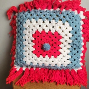 Vintage 1960s 1970s MCM Granny Square Throw Pillow 60s 70s Home Decor Tassles - Picture 1 of 5