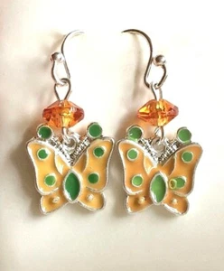 Butterfly Hypoallergenic Earrings Silver Plated Orange Green Yellow Bead Insect - Picture 1 of 12