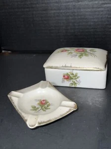 Vintage Hand Painted Porcelain Cigarette Box with Matching Ash Tray - Picture 1 of 9