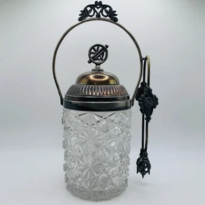Antique Silver Plate Pickle Castor Clear Pressed Glass with Ornate Tongs - Picture 1 of 10