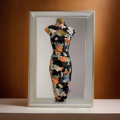 VINTAGE KAREN MILLEN BLACK FLORAL ORIENTAL-STYLE WIGGLE DRESS UK 12 (US 8) EU 40 - Image 1 of 4