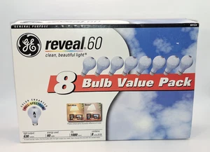 GE Reveal "Clean, Beautiful Light" 60 Watt Long Life 8 Bulb (A19) Value Pack New - Picture 1 of 5