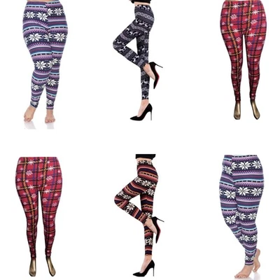 Women Christmas Printed Leggings Knitted Soft Stretch Snowflake, Reindeer Print - Image 1 of 4