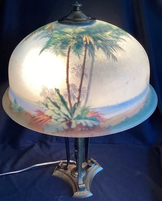 Antique Pairpoint Reverse Painted Tropical Island Palm Tree Table Lamp - Image 1 of 4