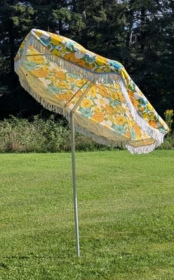 Vtg MCM Patio Tilt Umbrella Orange Blue Yellow Flower Floral Fringed *As Is READ - Image 1 of 4