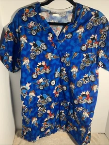 Peaches Uniforms Motorcycle Hog scrub top Blue/multicolor M 100% cotton - Picture 1 of 4