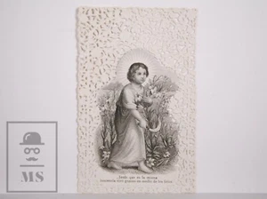 Antique Paper Lace Holy Card - Jesus with Lilies - Spain, c. 1910 - Picture 1 of 2