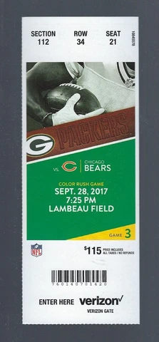 AARON JONES FIRST TOUCHDOWN - 2017 NFL BEARS @ PACKERS  FULL FOOTBALL TICKET Cover
