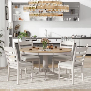 Retro 5pc Dining Set, Round Extendable Table w/4 Upholstered Chairs, Off White - Picture 1 of 15