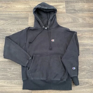 Vintage 90s Champion Reverse Weave Hooded Black Faded Sweatshirt Small - Picture 1 of 7