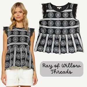 Skies Are Blue Black White Embroidered Crochet Trim Top Womens M Boho Festival - Picture 1 of 12