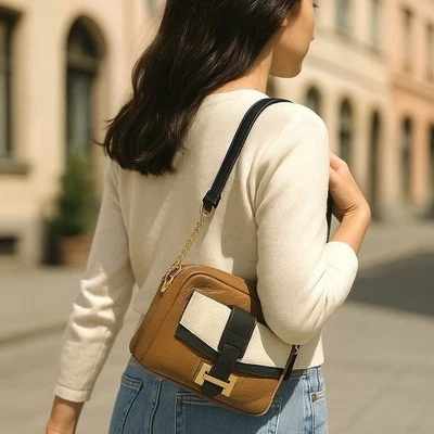 Bolso Bandolera Halston Heritage Cuero Marrón Crema Negro Pequeño Mujer Correa de Cadena Foto 1 de 4