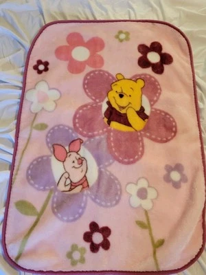 VTG Winnie The Pooh Piglet Soft Fleece Baby Crib Blanket Pink Flowers 46x31"  - Image 1 of 3