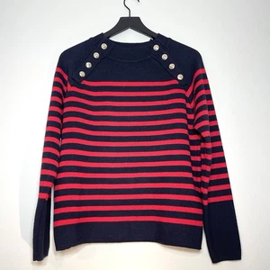 NWOT ZARA Women's Red Navy Blue Striped Heavy Sweater Buttons Wool Blend Size XL - Picture 1 of 6