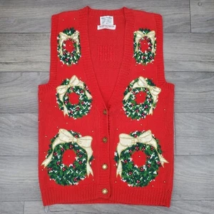 Vintage 1993 MARISA CHRISTINA Size Medium Red Christmas Sweater Vest Holiday - Picture 1 of 8