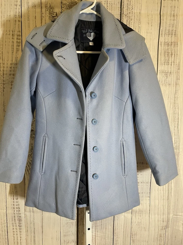 Us Polo Assn Blue Peacoat Wool Blend Hooded Size 10/12 Women’s - Image 1 of 4