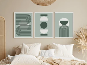 Set Of 3 Sage Green Scandinavian Abstract Minimalist Wall Art Home Decor - Picture 1 of 3