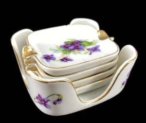 Vtg Lefton China 4 Mini Ashtrays Nesting Holder Purple Blue Floral Handpainted - Picture 1 of 11