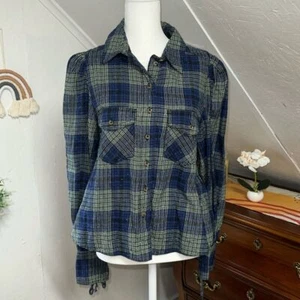 We the Free Flanell blau & grün XS Knopfleiste Puffärmel Bindebänder an den Handgelenken - Bild 1 von 11