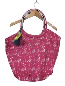 Rock Flower Paper Flamingo Print Bucket Bag Tote Pink Over Shoulder Beach Vaca - Picture 1 of 10