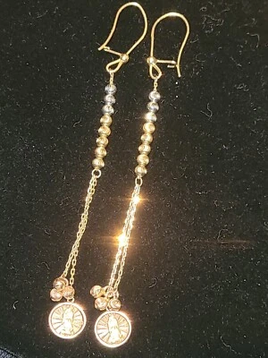 14k Long Hanging Earrings, 14k Dangling Earrings With Virgin Mary Tri Color - Image 1 of 4